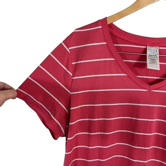 Time and Tru Maternity Pink and White Striped Top XL Short Sleeve V Neck Casual - Picture 3 of 4